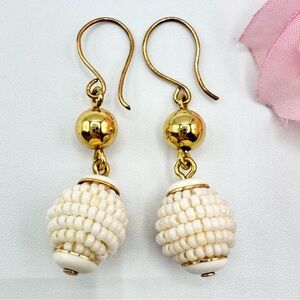 Vintage Cream Ivory Glass Seed Bead Gold Tone Dangle Earrings Retro Chic 70s 80s